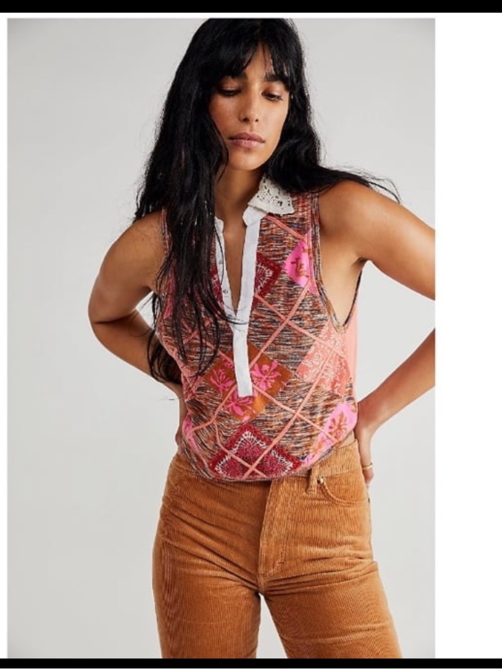 Free People Get It Right Embellished Crochet Peter Pan Collar Tank Top Womens